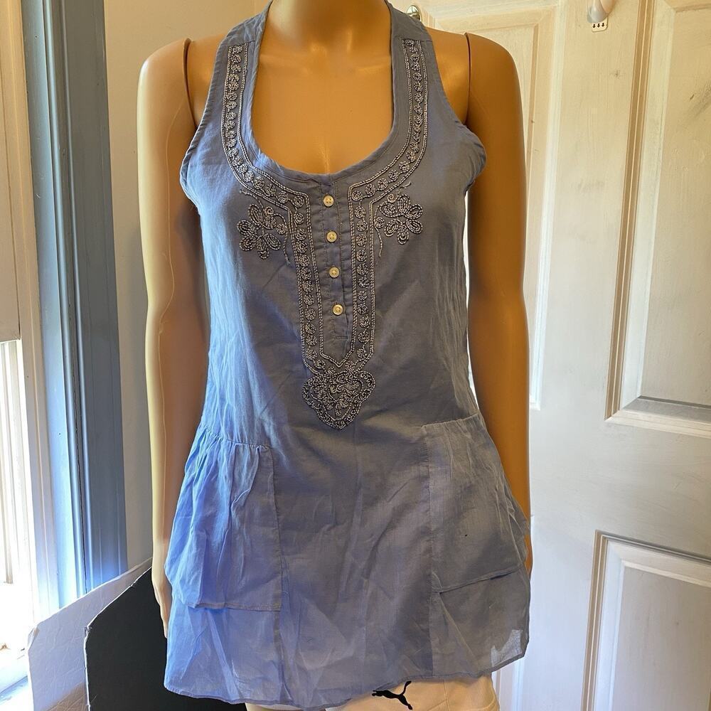 NWT Banana Republic Women XS TankTop Blue Embroidered Sleeveless Beach Summer
